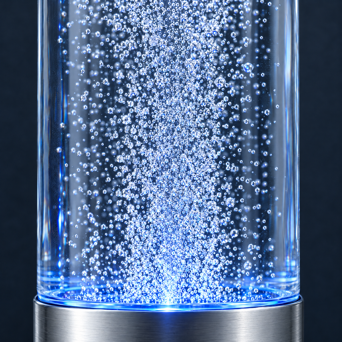 Fine hydrogen bubbles rising through the glass