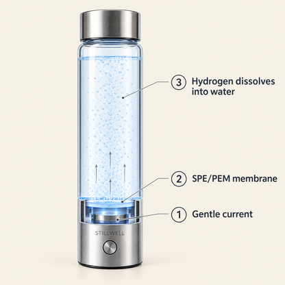 How Fresh-Cycle works: current, SPE/PEM membrane, hydrogen dissolves